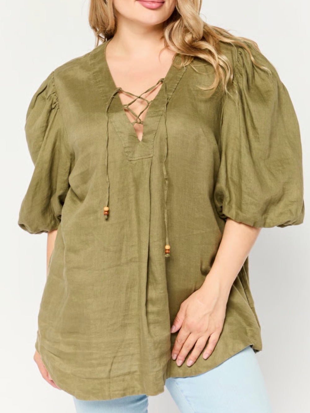 Lauren Ralph Lauren 100% Linen Puff Sleeves XL Olive Blouse
